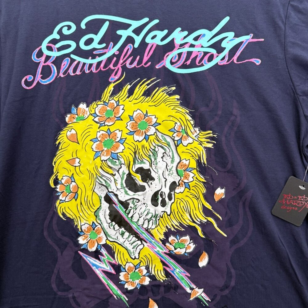Ed Hardy T Shirt Mens XL Blue Skull Beautiful Ghost Tattoo Y2K - Picture 2 of 8